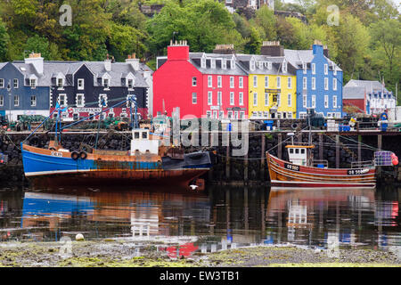 Fishing boats moored by harbour pier in Tobermory Isle of Mull Argyll & Bute Inner Hebrides Western Isles Scotland UK Britain Stock Photo
