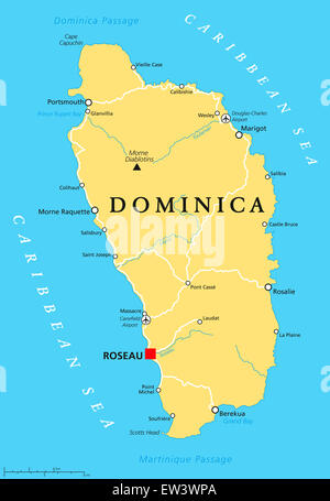 Dominica political map with capital Roseau and important places. Stock Photo