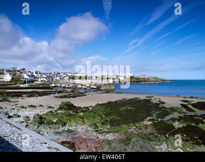 Cemaes Harbour and village on the north coast of Anglesey,North Wales, UK; seen from the beach. Stock Photo