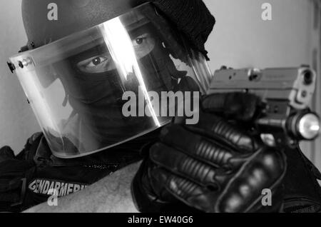 Firing exercise with the Group of Gendarmerie Intervention Squads in Reunion island (offshoot of the GIGN) Stock Photo