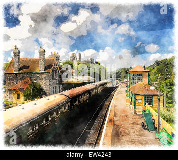 A steam train pulls in to the station at Corfe Castle in Dorset Stock Photo