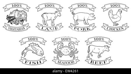 A set of 100 percent food icons, packaging labels or menu illustrations for beef chicken fish pork lamb seafood and vegetarian o Stock Photo