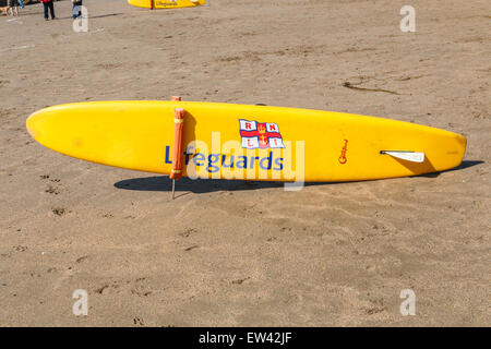RNLI Lifeguard rescue board on sandy beach at Boscombe, Bournemouth ...