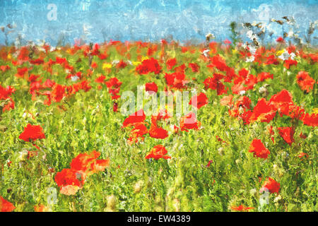 Abrstract painting of bright red Poppies in a field Stock Photo