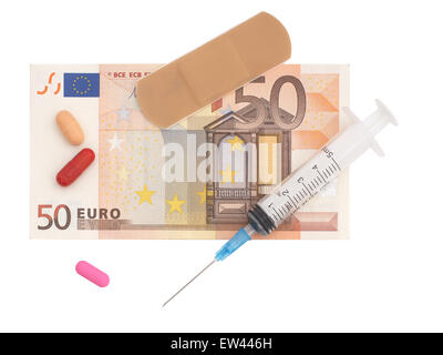 Euro note and medical items. First Aid for the Euro, Eurozone. Concept isolated on white. Stock Photo