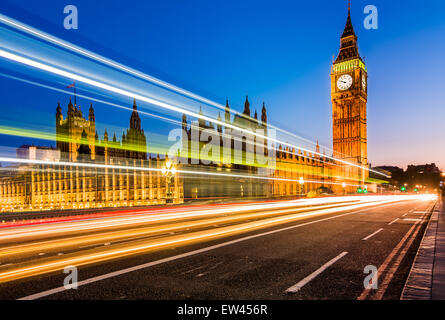 Night view of The Palace of Westminster with Elizabeth Tower from the Westminster Bridge. Stock Photo