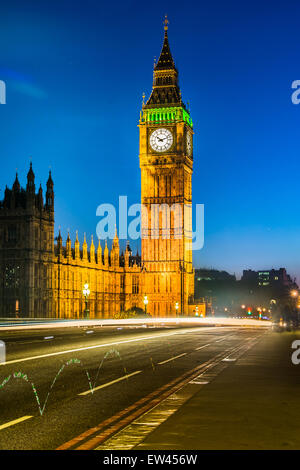 Night view of The Palace of Westminster with Elizabeth Tower from the Westminster Bridge. Stock Photo