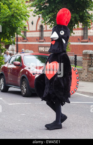 Dorchester, Dorset, UK. 17th June, 2015. Why did the chicken cross the road? The Nando's chicken could be seen around Dorchester Town centre and market  to raise funds for Weldmar Hospice. Credit:  Carolyn Jenkins/Alamy Live News Stock Photo