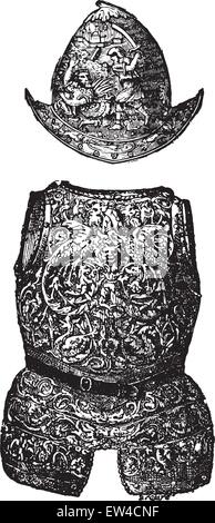 Morion and armor of the sixteenth century, vintage engraved illustration. Industrial encyclopedia E.-O. Lami - 1875. Stock Vector