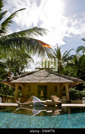 A man relaxing by the pool of his bungalow reading a book under a palm tree. Stock Photo