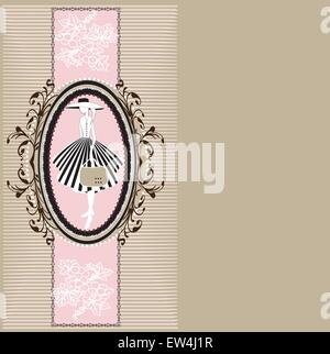 Vintage invitation card with ornate elegant retro abstract floral design, lady in striped skirt with hat and bag on ellipse frame with grapes and brown flowers and leaves on pink ribbon on brownish gray background with text label. Vector illustration. Stock Vector