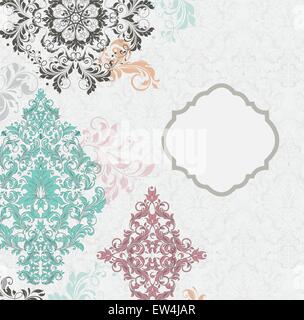 Vintage invitation card with ornate elegant abstract floral design, multi-colored flowers on light gray. Vector illustration. Stock Vector