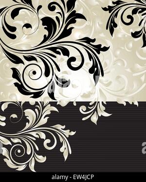 Vintage invitation card with ornate elegant abstract floral design, black flowers and pale olive green flowers with stripes. Vector illustration. Stock Vector