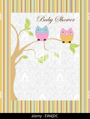 Vintage baby shower invitation card with ornate elegant retro abstract floral tree design, tree with baby blue and pink owls on striped background. Vector illustration. Stock Vector