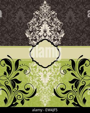 Vintage invitation cards with ornate elegant abstract floral design, white and gray flowers on dark brown background and white and black flowers on yellow green background with ribbon. Vector illustration. Stock Vector