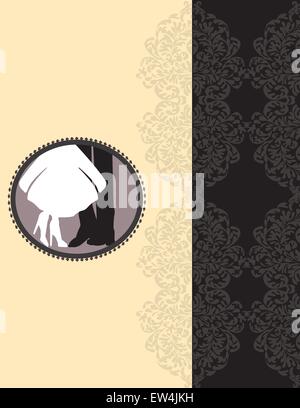 Vintage wedding invitation card with ornate elegant retro abstract floral design, light gray and gray flowers and leaves on beige and black background with oblong text label with dancing husband and wife legs. Vector illustration. Stock Vector