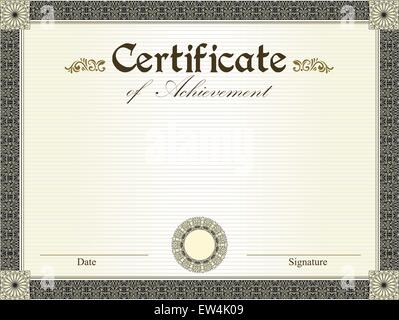 Vintage certificate of achievement with ornate elegant retro abstract floral design, black and gold flowers and leaves on striped pale yellow green background with frame border. Vector illustration. Stock Vector