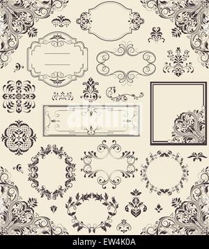 Various vintage label and border elements with ornate elegant retro abstract floral design, dark gray flowers and leaves on pale green background with text label. Vector illustration. Stock Vector