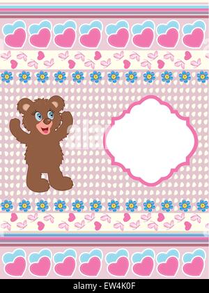 Vintage Valentine card with cute ornate elegant retro abstract design, cute brown teddy bear with blue and yellow flowers on light pink and pale yellow background with butterflies hearts ribbon and plaque text label. Vector illustration. Stock Vector