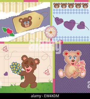 Vintage Valentine card with ornate elegant retro abstract floral design, cute brown teddy bear on various colorful backgrounds with hearts bubbles stripes flowers dots stars and text label. Vector illustration. Stock Vector