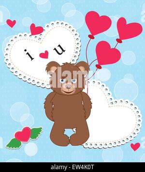 Vintage Valentine card with ornate elegant retro abstract design, cute brown teddy bear with red heart balloons on light blue background with bubbles and heart text label. Vector illustration. Stock Vector