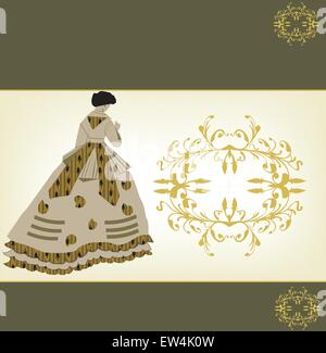 Vintage invitation card with ornate elegant retro abstract floral design, gold flowers and leaves on dark olive green and pale yellow background with lady in a dress and text label. Vector illustration. Stock Vector
