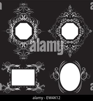 Vintage labels and frames with ornate elegant retro abstract floral design, white flowers and leaves on black background. Vector illustration. Stock Vector