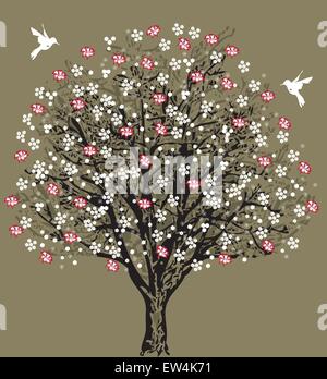 Vintage wedding invitation card with elegant retro floral tree design, red and white flowers with birds, on gray. Vector illustration. Stock Vector