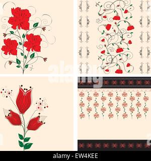 Set of four (4) vintage invitation cards with ornate elegant retro abstract floral designs, red flowers on tan. Vector illustration. Stock Vector
