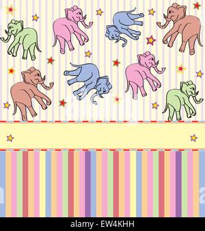 Vintage invitation card with cute abstract elephants and stars design, on stripes. Vector illustration. Stock Vector