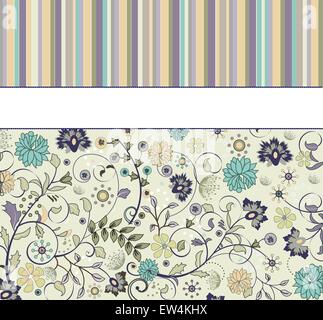 Vintage invitation card with ornate elegant retro abstract floral design, multi-colored flowers on green with stripes. Vector illustration. Stock Vector