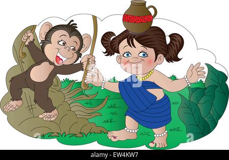Vector illustration of monkey laughing at village girl carrying pot on her head. Stock Vector