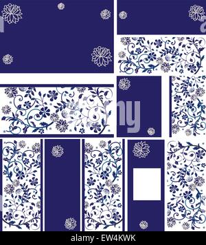 Set of five (5) vintage invitation card with ornate elegant retro abstract floral design, purple and white flowers. Vector illustration. Stock Vector
