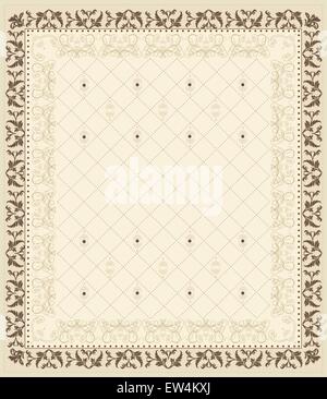 Vintage invitation card with ornate elegant retro abstract floral design, dark gray and brown flowers and leaves on beige background with diagonal lines lanterns frame borders and text label. Vector illustration. Stock Vector