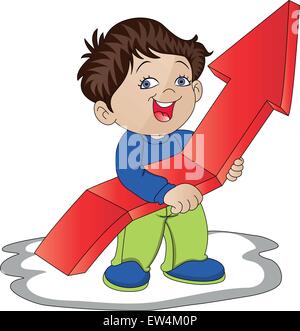 Vector illustration of boy holding upward arrow sign, representing business success. Stock Vector