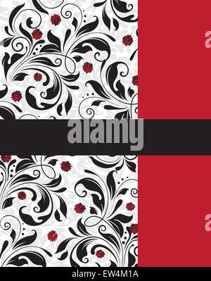 Vintage invitation card with ornate elegant abstract floral design, red and black flowers on gray with red column. Vector illustration. Stock Vector