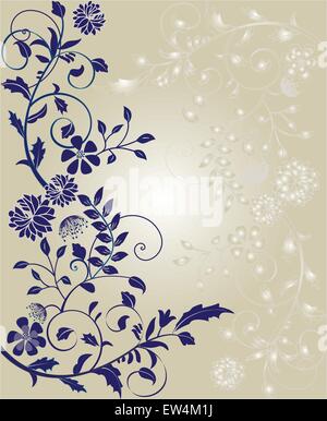 Vintage invitation card with ornate elegant retro abstract floral design, blue violet flowers and leaves on gradient gray and white background with text label. Vector illustration. Stock Vector
