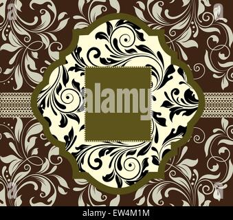 Vintage invitation card with ornate elegant abstract floral design, olive green and black on brown with ribbon. Vector illustration. Stock Vector