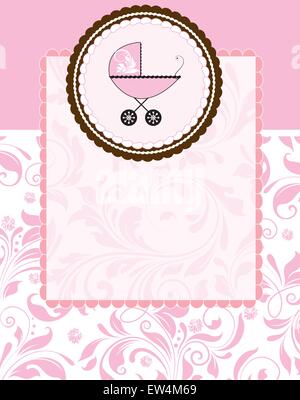 Vintage baby shower invitation card with ornate elegant abstract floral design, pink flowers on brown with baby carriage on cake. Vector illustration. Stock Vector