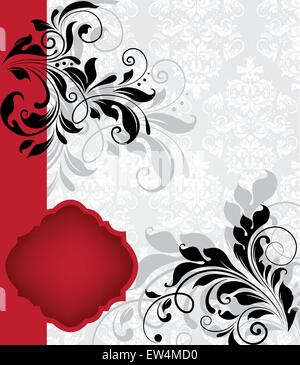 Vintage invitation card with ornate elegant abstract floral design, black on gray with red column. Vector illustration. Stock Vector