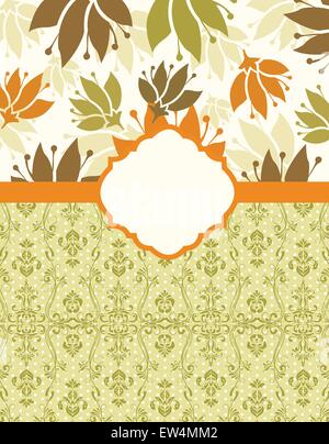Vintage invitation card with ornate elegant retro abstract floral design, orange brown and olive green flowers and leaves on pale yellow and white background with ribbon and plaque text label. Vector illustration. Stock Vector