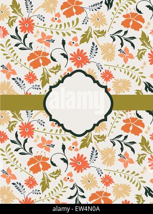 Vintage invitation card with ornate elegant retro abstract floral design, orange and yellow orange flowers and olive green and black leaves on faded green background with ribbon and plaque text label. Vector illustration. Stock Vector