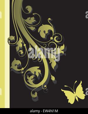 Vintage invitation card with ornate elegant retro abstract floral design, olive green flowers and leaves on black background with stripes and text label. Vector illustration. Stock Vector