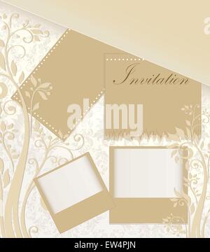 Vintage invitation card with ornate elegant retro abstract floral design, beige flowers and leaves on light gray and beige background with note cards and text label. Vector illustration. Stock Vector