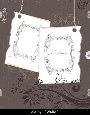 Vintage invitation card with ornate elegant retro abstract floral design, gray and grayish brown flowers and leaves on scratch textured background with plaque text label on tags. Vector illustration. Stock Vector