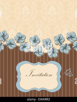 Vintage invitation card with ornate elegant retro abstract floral design, light blue Hibiscus flowers on pale yellow and chocolate brown background with stripes butterfly and plaque text label. Vector illustration. Stock Vector