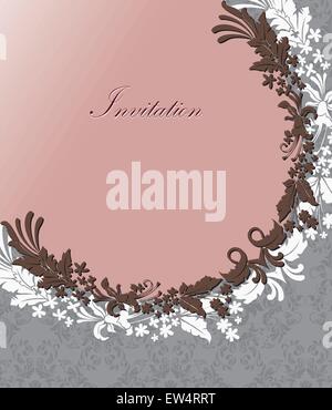 Vintage invitation card with ornate elegant retro abstract floral design, brown and white flowers and leaves arranged in semi-circle on pink and gray background with text label. Vector illustration. Stock Vector