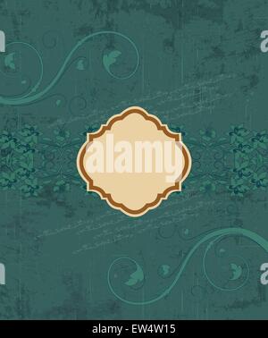 Vintage invitation card with ornate elegant retro abstract floral design, blue and dark teal flowers and leaves on scratch textured dark teal background with plaque text label. Vector illustration. Stock Vector