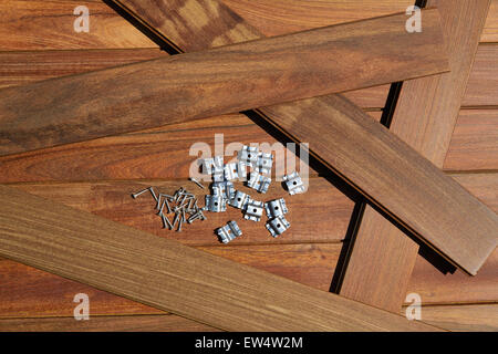 Ipe decking deck wood installation screws clips and fasteners Stock Photo
