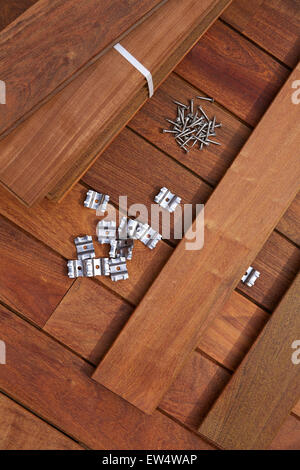 Ipe decking deck wood installation screws clips and fasteners Stock Photo